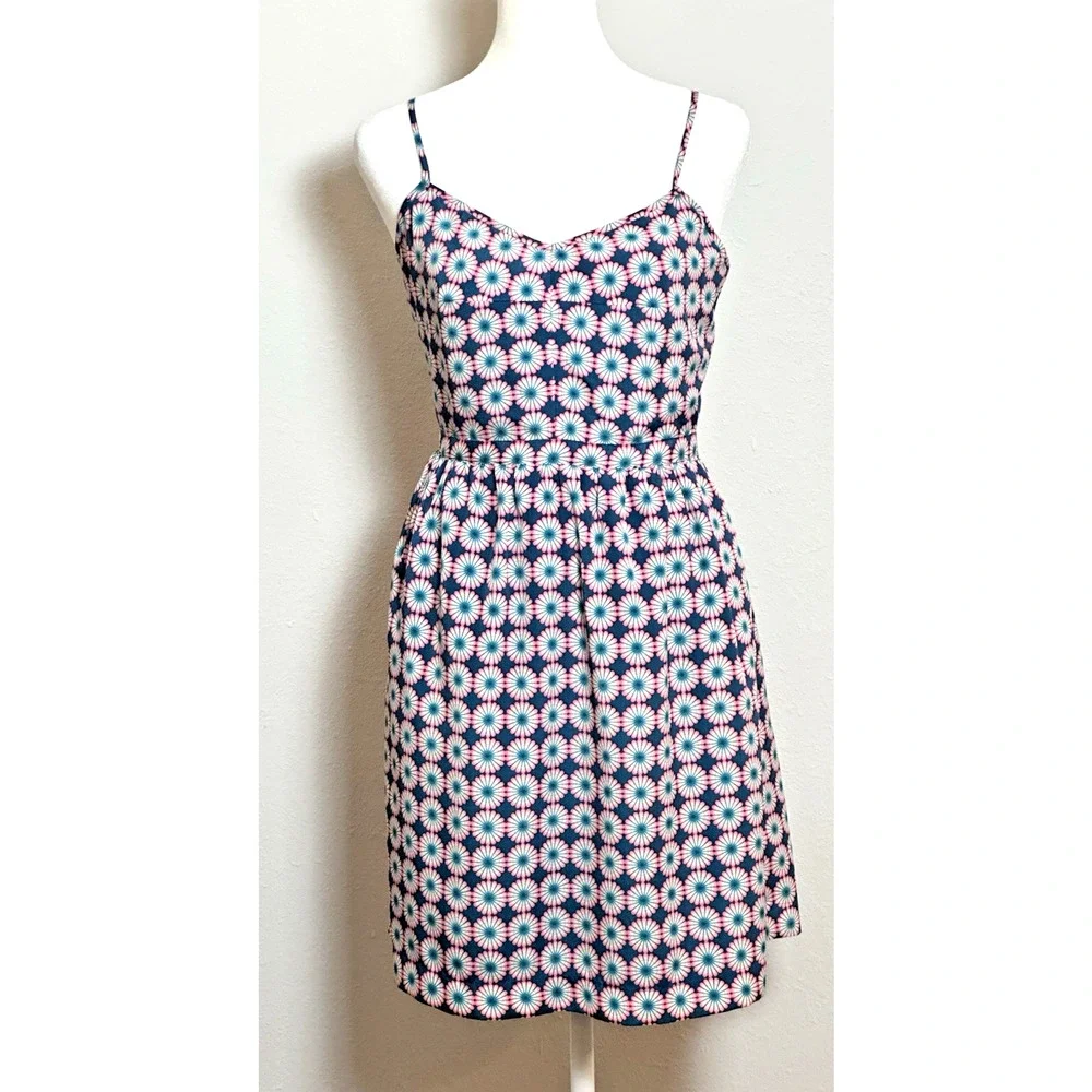 J Crew Print Seaside Pink Blue‎ Spaghetti Strap Cocktail Party Dress Size (2)